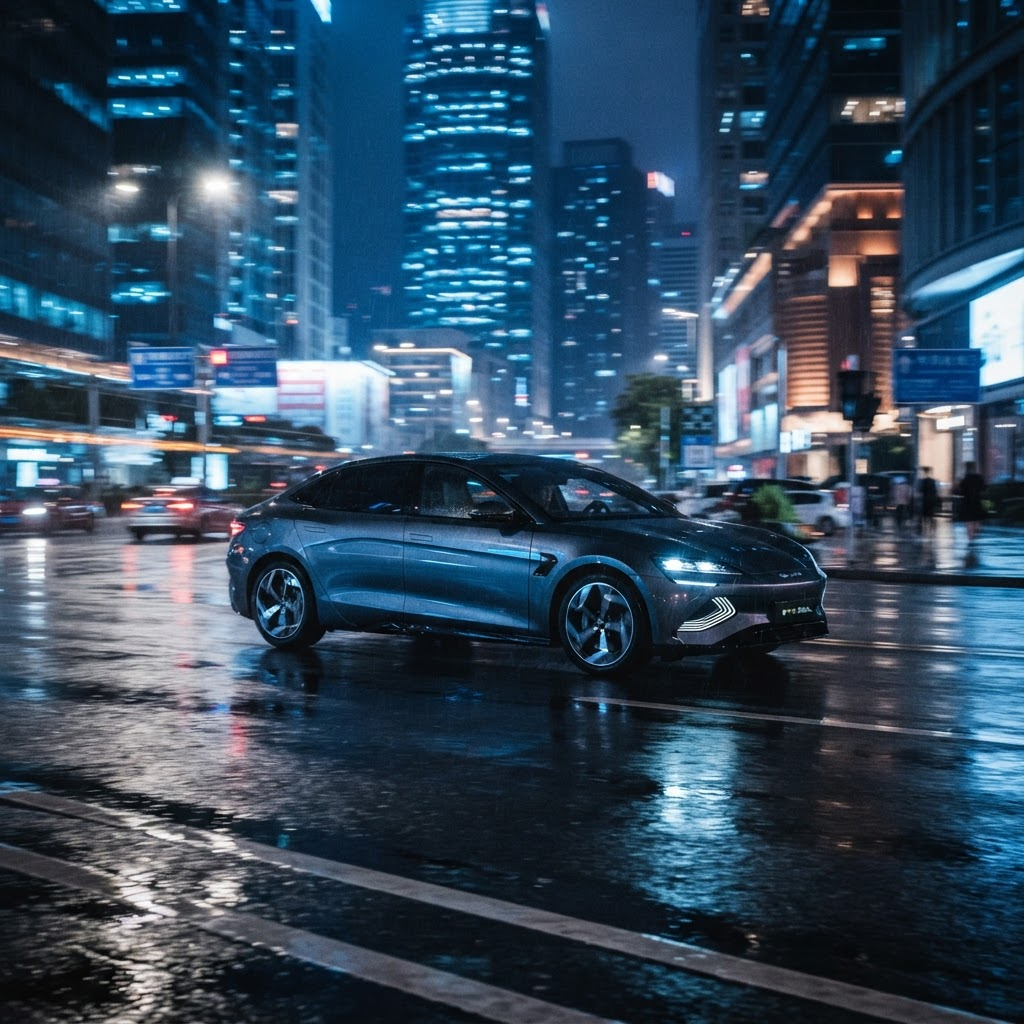 Veículo elétrico premium dirigindo pela cidade à noite